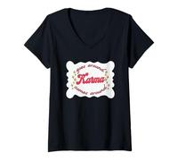 Femme Goes Around Karma Comes Around Retro Esthétique T-Shirt avec Col en V