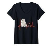 Femme Golden Chinchilla Persian Cat Heartbeat ECG I Love My Cats T-Shirt avec Col en V