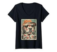 Femme Golden Retriever avec Lunettes de Soleil Bisous Saint-Valentin T-Shirt avec Col en V