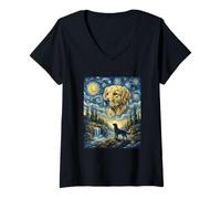 Femme Golden Retriever Chien Lune Hurlant Nuit étoilée Van Gogh Art T-Shirt avec Col en V