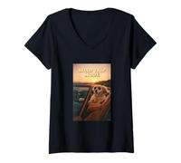 Femme Golden Retriever Chien Open Road Journey Mode Coucher de Soleil T-Shirt avec Col en V