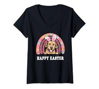 Femme Golden Retriever Dog Easter Bunny Eggs Hunting Boho Rainbow T-Shirt avec Col en V