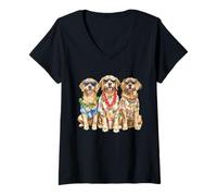 Femme Golden Retriever hawaïen Chiens Mignons Fleurs Tropicales Lei T-Shirt avec Col en V