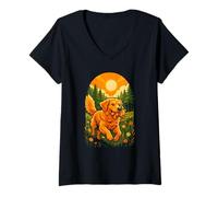 Femme Golden Retriever Joyful Sunset Promenade, Love Dogs T-Shirt avec Col en V