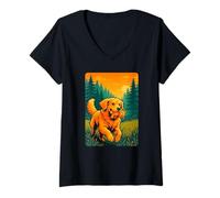 Femme Golden Retriever Joyful Sunset Promenade, Love Dogs T-Shirt avec Col en V