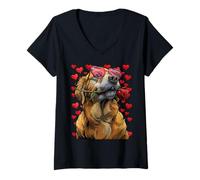 Femme Golden Retriever Lunettes Coeur Rose Saint-Valentin Chien T-Shirt avec Col en V