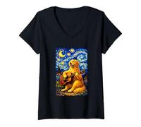 Femme Golden Retriever Playing Guitar Whimsical Art Music Camping T-Shirt avec Col en V