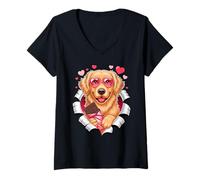 Femme Golden Retriever Puppy with Chocolate Hearts T-Shirt avec Col en V