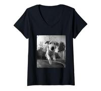 Femme Golden Retriever sautant sur Un Trampoline Amoureux des Chiens T-Shirt avec Col en V