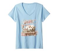 Femme Golden Retriever Under Cherry Blossoms Love Reading Books T-Shirt avec Col en V