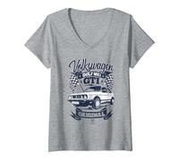 Femme Golf GTI MK1 Drapeaux de Course Originaux T-Shirt avec Col en V, Gris Chiné, L