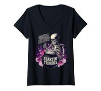 Femme Gonna Be Busy Startin' Trouble Squelette Drôle Sorcière T-Shirt avec Col en V