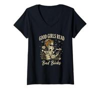 Femme Good Girls Read Bad Books Vintage Skeleton Reader T-Shirt avec Col en V