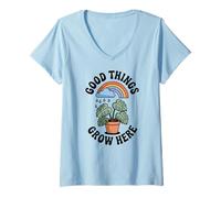 Femme Good Things Grow Here Growth Mindset Rainbow Monstera Plante T-Shirt avec Col en V