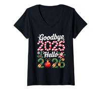 Femme Goodbye 2025 Hello 2026 Happy New Year 2025 Humor Men Women T-Shirt avec Col en V