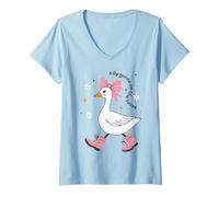 Femme Goose Silly on The Loose Pink Bow pour Filles, Enfants et Jeunes Femmes T-Shirt avec Col en V