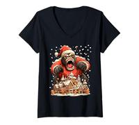 Femme Gorilla de Père Noël et Pain d'épice Enneigé Humoristique T-Shirt avec Col en V