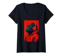 Femme Gorilla écoutant de la Musique, Love Gorillas T-Shirt avec Col en V