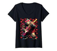 Femme Gorilla Jouant de la Guitare Guitariste Animal Saint Valentin T-Shirt avec Col en V