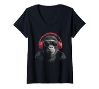 Femme Gorilla Monkey Casque Audio Motif Gorille T-Shirt avec Col en V