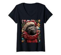 Femme Gorille Festive avec Bonnet de Père Noël, Animal de Noël enneigé T-Shirt avec Col en V