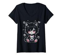 Femme Goth Girl Emo Gothic Cat Punk Dark Grunge Cute Kitty T-Shirt avec Col en V