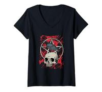 Femme Gothic Crow Skull Pentagram Halloween T-Shirt avec Col en V