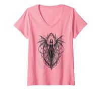 Femme Gothic Winged Dark Fairy Sketch Aesthetic Alt Grunge T-Shirt avec Col en V