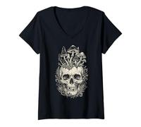 Femme Gothique Crâne Champignon Vintage Dark Botanical Art T-Shirt avec Col en V