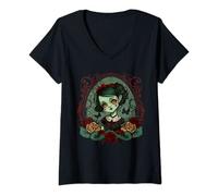 Femme Gothique Dark Zombie Doll Style Chibi Roses T-Shirt avec Col en V