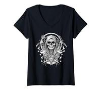 Femme Gothique Esthétique Squelette Grunge Occulte Y2K Goth T-Shirt avec Col en V