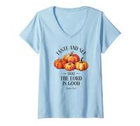 Femme Goûtez et voyez que le Seigneur est bon Christian Pumpkins Faith T-Shirt avec Col en V