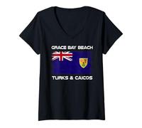 Femme Grace Bay Beach Drapeau des îles Turques et Caïques Vieilli T-Shirt avec Col en V