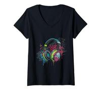 Femme Graffiti Casque Urban Music Street Art T-Shirt avec Col en V