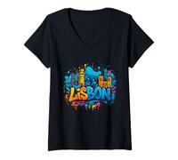 Femme Graffiti Lisbon Skyline Souvenir T-Shirt avec Col en V