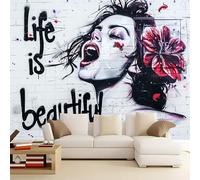 Femme Graffiti Papier peint intissé Mural, Blanc, Noir Tableaux Muraux Papier peint 200 x 140 cm Papier peint mural au design moderne adapté à la décoration murale du salon