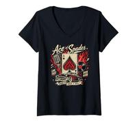 Femme Graisseur rétro Rockabilly Ace Spades Rock & Roll Hot Rod T-Shirt avec Col en V