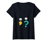 Femme Grammaire Wait What? Comma Question Mark Ponctuation Kawaii T-Shirt avec Col en V
