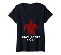 Femme Gran Canaria Espagne Tribal Tortue de mer Océan Art Design T-Shirt avec Col en V