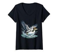 Femme Grand héron pêchant des Poissons Zones humides Faune T-Shirt avec Col en V