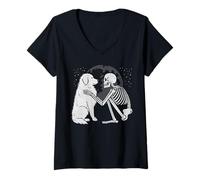 Femme Grand Squelette des Pyrénées Lune Halloween Amoureux des Chiens T-Shirt avec Col en V
