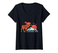 Femme Grand Teton National Park Moose & Mountains Typography T-Shirt avec Col en V