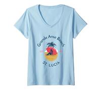 Femme Grande Anse Beach Sainte Lucie T-Shirt avec Col en V