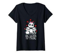 Femme Grande Sœur Panda Grande Sœur De Jumeaux Cœurs T-Shirt avec Col en V