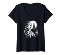 Femme Graphic Wolf Howling Moon Forest Nature Wildlife Animal T-Shirt avec Col en V