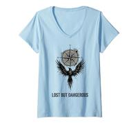 Femme Graphique Aile de Boussole Perdue mais dangereuse T-Shirt avec Col en V