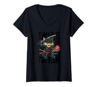Femme Graphique Amusant d'arts Martiaux Ninja Cat Just Here for The Fish T-Shirt avec Col en V