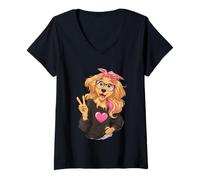 Femme Graphique Amusant Golden Retriever Canine Girl Peace Sign Pose T-Shirt avec Col en V