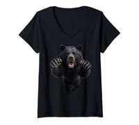 Femme Graphique Animal Sauvage Ours Noir bondissant féroce T-Shirt avec Col en V