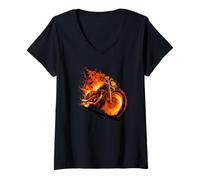 Femme Graphique Burning Motorcycle Love with Cool Flames T-Shirt avec Col en V